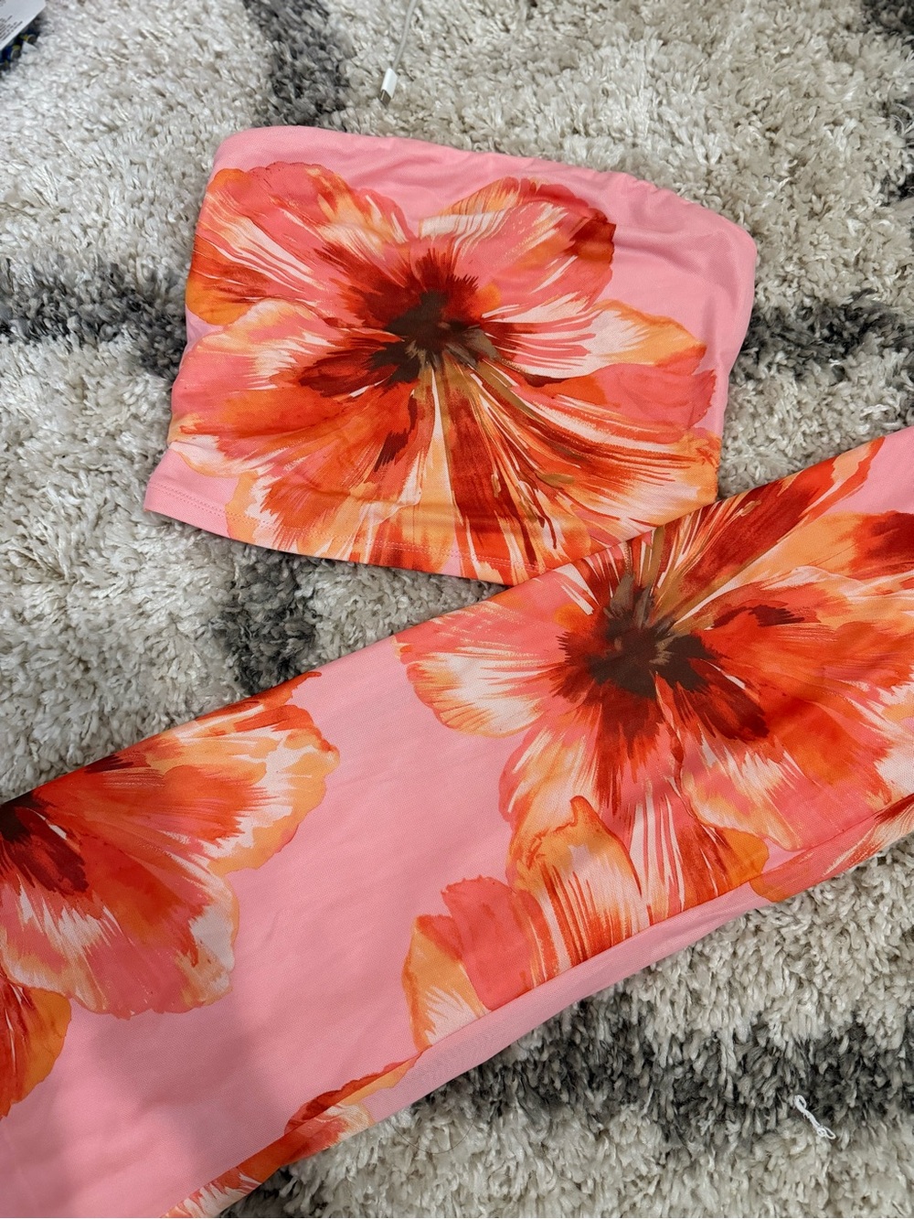 Pink Floral Strapless Bikini Top and Bottom Set